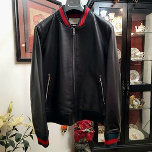 Authentic Gucci Black Leather Bomber Jacket with Web